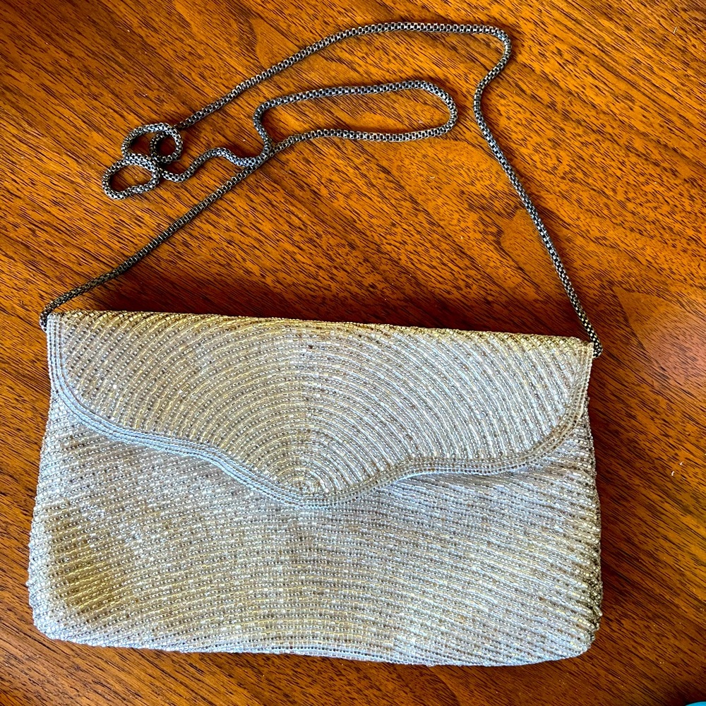 Vintage Silver Beaded Handbag on Chain Strap